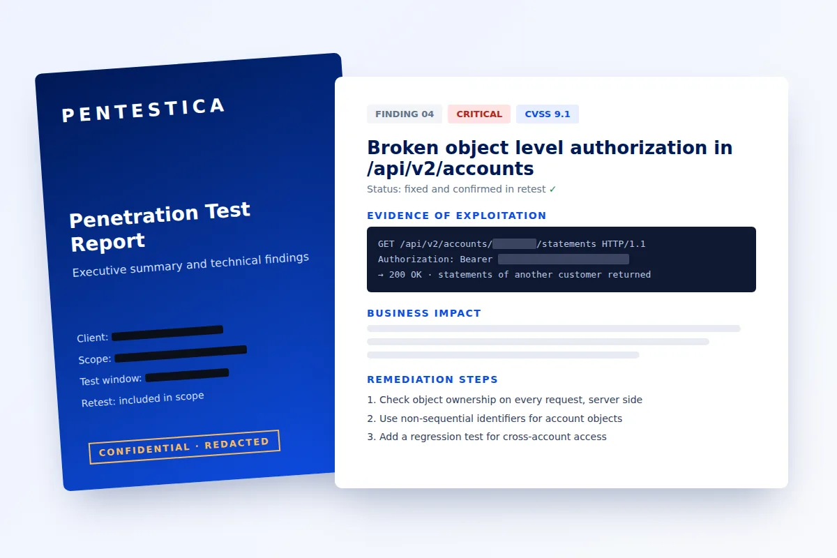 Example page of a redacted Pentestica penetration test report with a critical finding, evidence and remediation steps